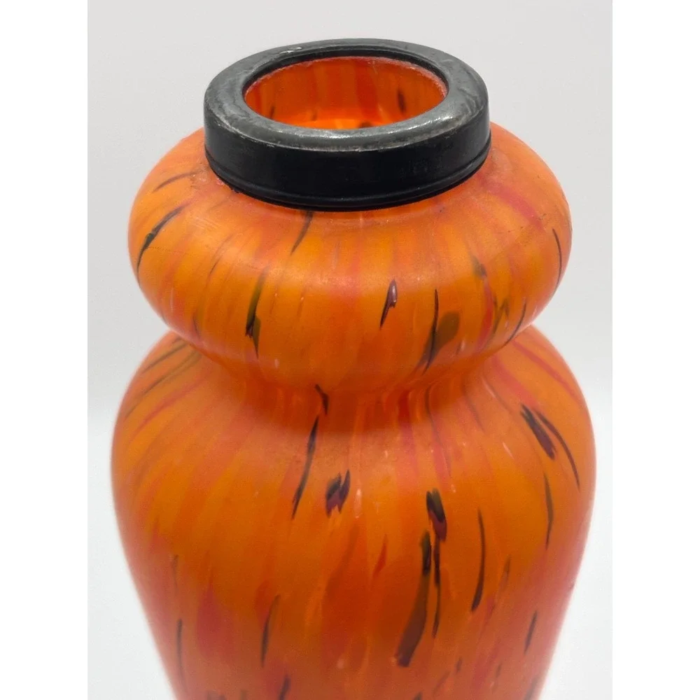 Art Deco Sterling Silver-Mounted Orange Art Glass Bud Vase 7.5